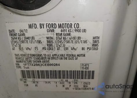 2012 Ford F-250 Xl z USA, uszkodzony, nr VIN 1FT7X2B63CEB99284